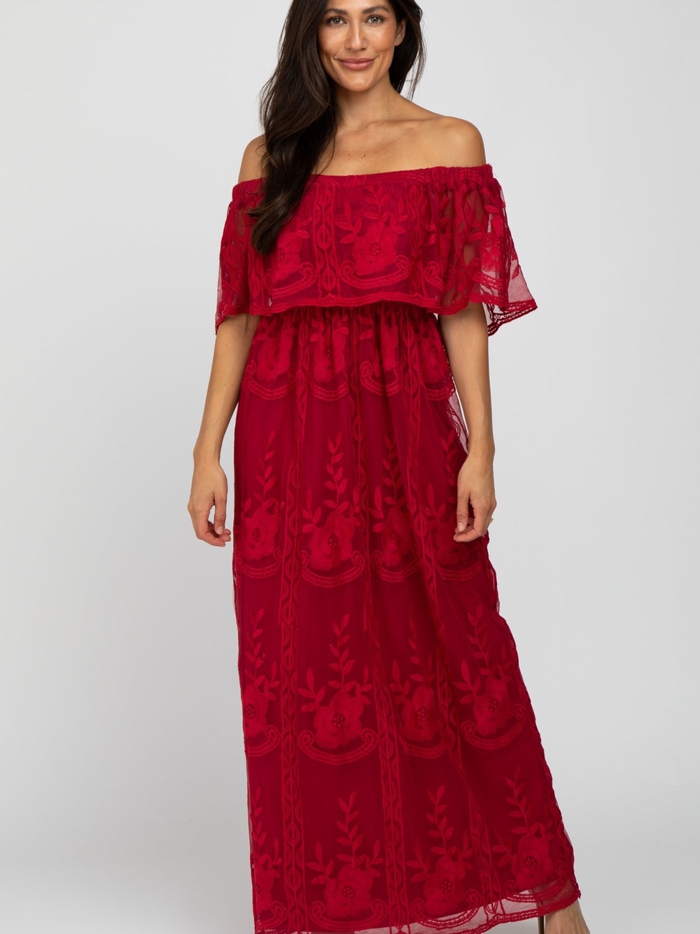 Pinkblush Maternity Off-Shoulder Red Embroidered Maxi Dress